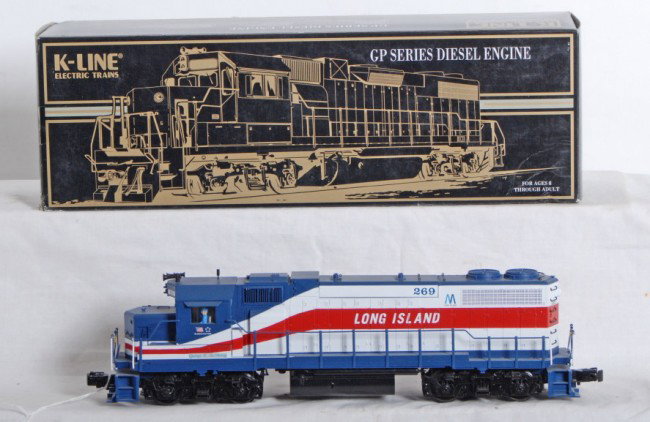 K Line Long Island GP38 with sound: K Line modern O Gauge Long Island Railroad GP38-2 in OB. Number is K2439-0256. Loco features Realsounds, dual motors, directional lighting and much more. Loco is C8 condition. Box has some wear at cor