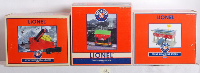 Lionel 497, 465 and 397 accessories: Lionel O Gauge modern accessories in OBs. Includes 14004 #397 coal loader, 22999 #465 dispatch station, and 14107 #407 coaling station (has had one control wire cut short). Accessories are C7-8 with s