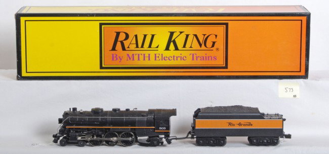 Railking Rio Grande Pacific steam loco: MTH Railking modern O Gauge Rio Grande Pacific steam locomotive with Protosound in OB. Loco also features Protosmoke, electronic reverse, Protocoupler and more. Catalog number 30-1122-1. Loco is C8 wi
