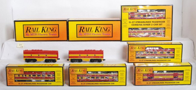 Railking FEC pass. cars and B units: MTH Railking modern O Gauge Florida East Coast passenger cars and F3 B Units in OBs. Passenger cars include 6040 baggage, 6041 coach, 6042 vista dome, 6043 observation, and 6044 combo and diner car se