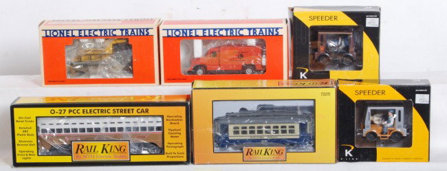 6 MTH, Lionel. Railking on track vehicles: Six modern O Gauge on track vehicles. Includes Lionel 8578 NYC ballast tamper and 18423 on track step van. K Line items include 2628-01 Pennsylvania and 2628-02 Rio Grande speeders. Railking items inc