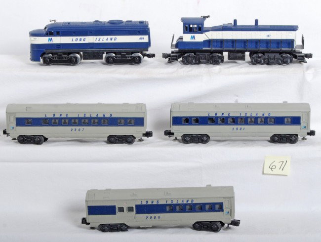 K Line / Lionel Long Island RR loco and cars: A neat set of modern O Gauge Lionel and K Line Long Island Railroad Locos and cars. Three passenger cars are custom painted Lionel, Alco dummy unit is custom painted Lionel, and K Line MP switcher loo
