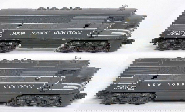 Lionel 2333 New York Central F3 AA units: Lionel 2333 New York Central F3 AA units, one is chubby lettered, the other is heat stamped, should clean C5-6, slight bulge on shell of chubby lettered.