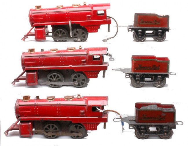 AF 3 Type XIX Red Clockwork Locos 3-119 Tenders: American Flyer prewar O gauge three red type XIX clockwork 0-4-0 steam locos with three 119 four wheel tenders. One engine has a bell and light, one has a small motor with a light and no bell and one 