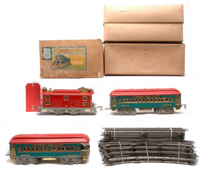 AF Litho Lone Scout Pass Set 4684 4251 4252 OBs: American Flyer prewar wide gauge lithographed Lone Scout passenger set in individual OBs and set box containing; 4684 red 0-4-0 electric loco with gray frame and instruction tag, 4251 Pullman, 4252 ob