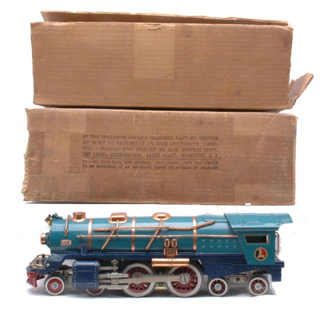 Lionel 400E Blue Comet Loco w/Copper Trim OB: Lionel prewar standard gauge 400E Blue Comet 4-4-4 steam loco with copper trim in OB that has an original cardboard insert. The loco has been rewheeled. The frame and steam chest are straight and soli