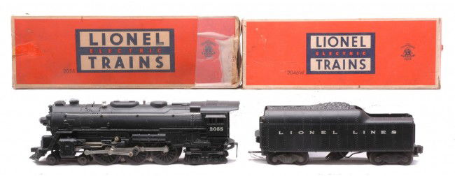 Lionel 2055 Steam Loco 2046W Tender Boxed: Lionel postwar 2055 black 4-6-4 steam loco and a 2046W tender both in OBs. The loco is C7-8 and the tender is C7. The loco OB is missing flaps and has tape repair. The tender OB has all flaps attached