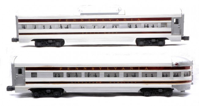 Lionel Pennsy Congressional Cars 2542 2541: Lionel postwar Pennsylvania Congressional aluminum passenger cars; 2542 Betsy Ross vista dome and 2541 Alexander Hamilton observation. The cars are C7.