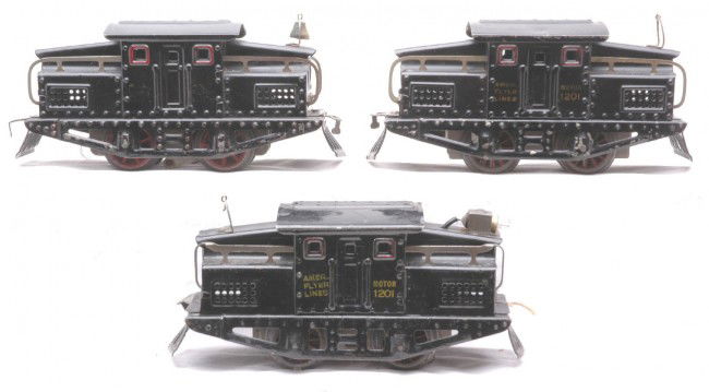 Am Flyer three 1201 Black Electric 0-4-0 Locos: American Flyer prewar O gauge 1201 black electric 0-4-0 loco with one pickup roller and a bell in front, 1201 black electric 0-4-0 loco with two pickup rollers and a 1201 black electric 0-4-0 loco wit