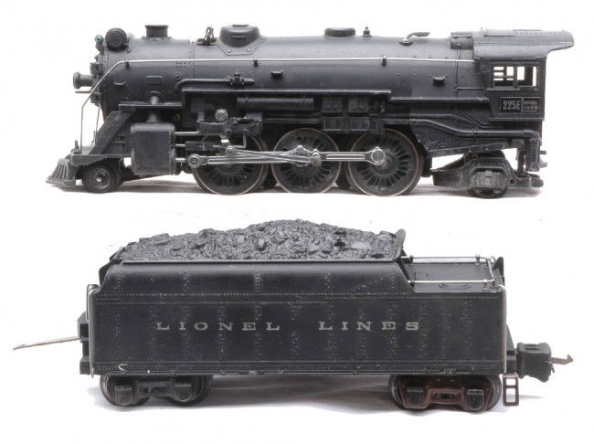 Lionel 225 Black Steam Loco w/2235 Tender: Lionel prewar O gauge 225 black 2-6-2 steam loco and 2235 die cast tender. The loco and tender are C7.