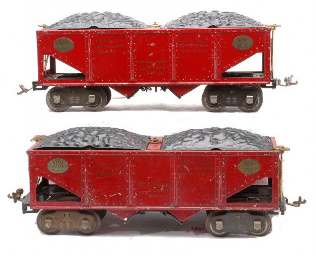Lionel 2-516 Red Hoppers w/Capacity Data: Lionel prewar standard gauge two 516 red hoppers with rubber stamped capacity data, brass trim and nickel journals, C5.