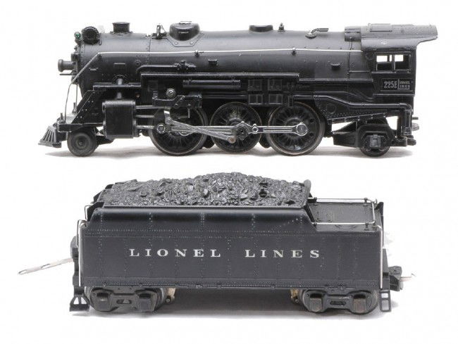 Lionel 225E Black Steam Loco and 2235W Tender: Lionel prewar O gauge 225E black 2-6-2 steam loco and 2235W tender. The loco has some box rubs, otherwise loco and tender are C8.