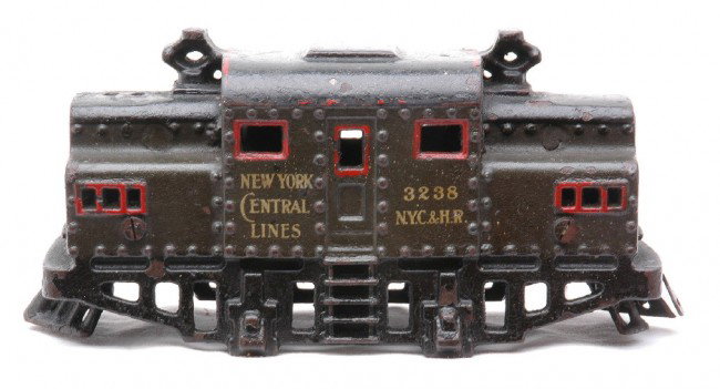 Bing NYC 3238 Electric Loco Cab/Frame ONLY: Bing prewar O gauge 523/540 small cast iron electric loco cab and frame only lettered New York Central Lines and 3238 N.Y.C. & H.R. One cowcatcher is broken, C5.