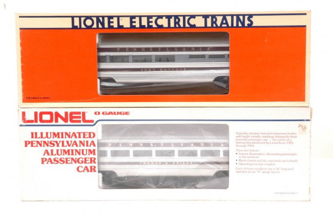Lionel Pennsy Aluminum Pass Cars 7208 9575 MIB: Lionel Pennsylvania aluminum passenger cars; 7208 John Hancock dining car and 9575 Thomas A. Edison coach both in OBs. Cars have never been run, C10.
