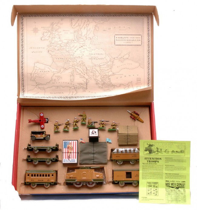 Rich-Art Deluxe 30-Piece WW I Army Train MIB: Rich-Art Toy Train Historical Foundation Deluxe 30-piece WW I Army train set complete in OB with original cardboard insert. The set has never been run, C10.