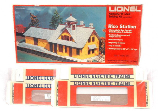Lionel 2797 Rico Station Boxed 8 Repro Boxes: Lionel 2797 Rico Station in OB. The station has never been assembled, C9-10. Also included are eight brand new unmarked reproduction boxes. The boxes are flat and have never been put together, C10.