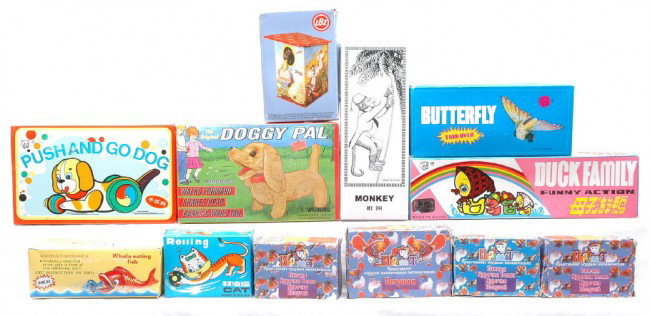 Large Selection of Toy Animals MINT Boxed: Large selection of toy animals including; cats, dogs, butterfly, duck, monkey, fish, roosters and birds all factory new in OBs, C10.