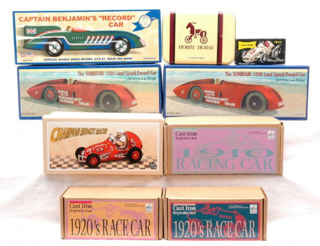 Schylling Collector Race Cars Die Cast Cars MIB: Schylling collector series race cars including; two The Sunbeam 1000 land speed record cars and a Captain BenjaminÕs ÒRecordÓ car. Also included are three cast iron race cars, a Champion Midget rac