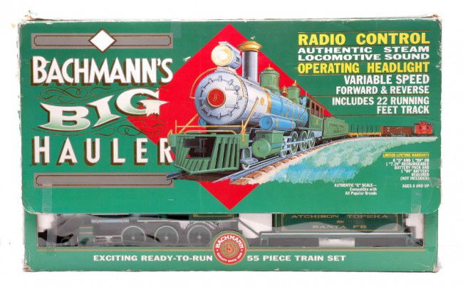 Bachmann Big Hauler Freight Set 90-0100 LN OB: Bachmann G scale Radio Control Big Hauler freight set no. 90-0100 in OB. The train has shelf dust and is C8. The box is worn with tape repair.
