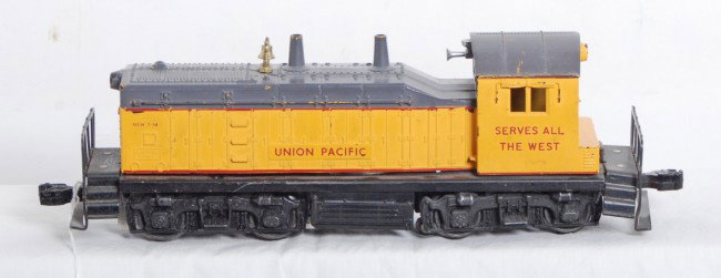 Lionel No. 613 Union Pacific NW-2 diesel switcher: Postwar Lionel O gauge No. 613 Union Pacific NW-2 diesel switcher, typical hairline at front screw, chipped roof edge, O/W, C6.