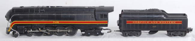 Lionel No. 746 Norfolk and Western J class streamlin: Postwar Lionel O gauge No. 746 Norfolk and Western J class streamline steam locomotive with short stripe whistle tender 746W, train looks C6.