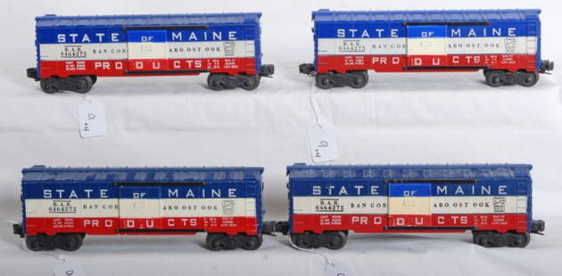 Four Lionel 6464-275 State of Maine BAR boxcars: Four postwar Lionel O gauge No. 6464-275 State of Maine, Bangor and Aroostook boxcars, cars look C6-7.