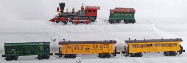 Lionel No. 1872, 1872T, 1875W, 1876, 3370: Postwar Lionel O gauge No. 1872 Western and Atlantic steam loco and tender with 1875W W.A.R.R. coach with whistle (missing brake wheel), 1876 W.A.R.R. baggage (chipped roof corners) and 3370 W.A.R.R.