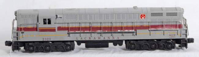 Lionel No. 2321 Lackawanna FM Trainmaster: Postwar Lionel O gauge No. 2321 Lackawanna Fairbanks Morse Trainmaster diesel locomotive, typical cracks, C6.