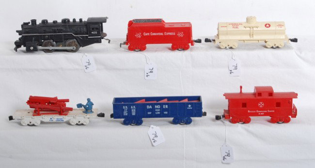 Great Marx 400 Cape Canaveral Express train: Great looking Marx Cape Canaveral Express freight train with No. 400 steam locomotive, Cape Canaveral Express tender, U.S.A.X. 1799 gondola with the card stock insert with missiles, X246 Chemical Rock