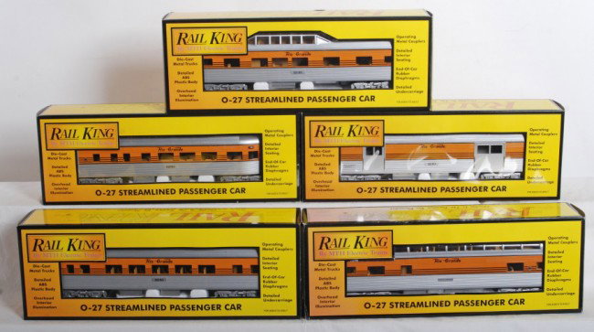 Railking Rio Grande 5 car pass set: MTH Railking modern O Gauge passenger cars in OBs. Five cars including baggage, coach, vista dome, observation, and add on full vista dome. Catalog numbers 30-6094-1 through -4 and 30-6151. Cars are l