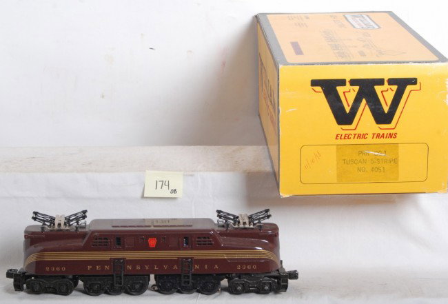 Williams Pennsy green 5 stripe GG1: Williams modern O Gauge Pennsylvania tuscan five stripe GG1 in OB. Loco catalog number is 4501. Features include dual motors, directional lighting ,electronic reverse and more. Loco is C8 condition wi