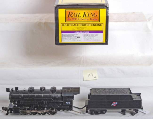 Railking C&NW 0-8-0 with Proto: MTH Railking modern O Gauge 0-8-0 Chicago and Northwestern switcher in OB. Catalog number is RK-1112-LP. Loco features Protosound, Protosmoke, electronic reverse and more. Loco is C7-8 with run time.