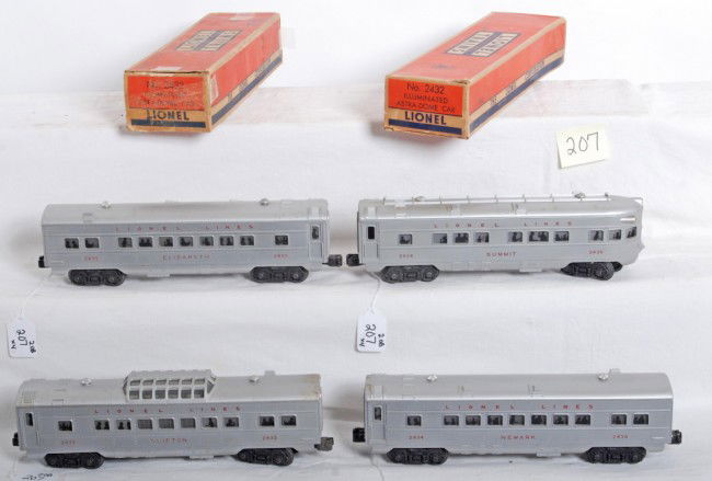 Lionel No. 2432, 2434, 2435, 2436 two boxes: Postwar Lionel O gauge No. 2432 Clifton vista dome, 2434 Newark Pullman, 2435 Elizabeth Pullman, and 2436 Summit observation, red lettered passenger cars. Trains should clean to look C6 area.