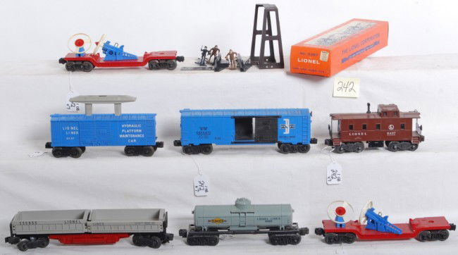 Lionel No. 3359, 6464-475, 3357 in OB, 6035, more: Postwar Lionel O gauge No. 3359 twin bin dump car, 6464-475 Boston and Maine boxcar (missing catwalk end), 3357 hydraulic platform maintenance car with bridge and figures in OB, two turbo missile laun
