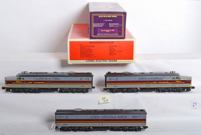 Lionel Erie Alco PA-1 A-B-A TMCC upgraded: Lionel modern O Gauge 18116 Erie Lackawanna Alco PA-1 A-A set in OB. Powered A has been upgraded to TMCC and Railsounds as well as retaining original Railsounds in unpowered A unit. Locos are C7+ with