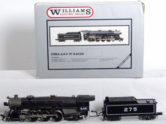 Williams brass L&N USRA Mikado: Williams modern era O gauge Louisville and Nashville USRA 4-6-2 steam locomotive in OB. Loco features smoke, brass boiler construction, constant voltage headlight, and more. Loco is C7+ with a few pai
