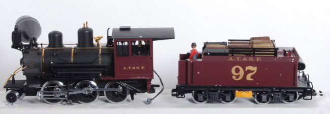 LGB 29192 Santa Fe 2-6-0 with sound and MTS: LGB G Scale 29192 Santa Fe 2-6-0 steam locomotive in OB. Loco features sound, smoke , and MTS control. Loco has some damage that should be repairable including broken smoke stack, pilot, fireman's sid