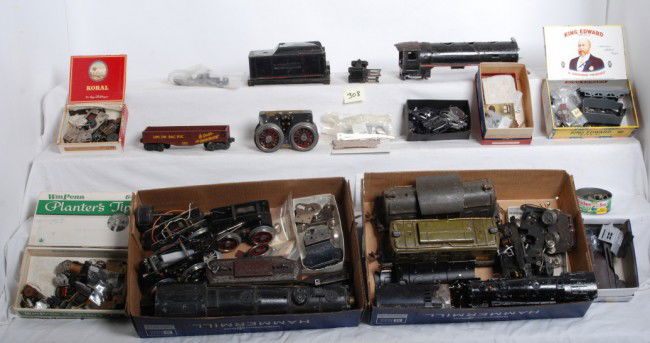 American Flyer and Lionel steam and electric locos: Nice very large lot of prewar parts and pieces for American Flyer and Lionel locomotives, both steam and electric. Shells, wheels, frames, motors, etc. Some tenders. Some repro parts, some repaints, e