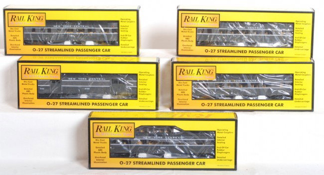 Railking NYC 5 car streamlined passenger set: Railking MTH modern O Gauge New York Central passenger set in OBs. Five car streamlined set includes baggage, two coaches, vista dome, and observation. Catalog numbers are 30-6110B, C, D, E and 30-611