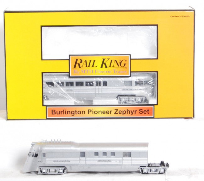 Railking Pioneer Zephyr with Proto: MTH Railking modern O Gauge 30-2186-1 Burlington Pioneer Zephyr in OB. Set features Protosound, electronic reverse and more. Set is C8 with some run time.