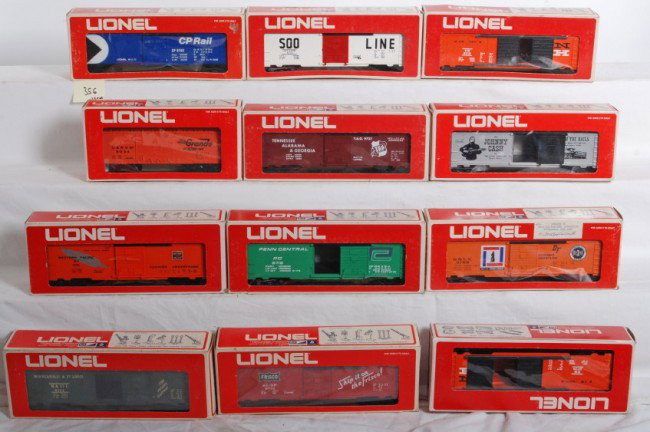 20 Lionel MPC boxcars, 9780, 9700, 9218, etc: Lionel MPC modern O Gauge boxcars in OBs. Twenty boxcars include two 9748 CP Rail, 9769 Bessemer, 9727 TAG Route, two 9719 New Haven, 9780 Johnny Cash, 9716 Penn Central, 9742 M& StL, 9702 Soo, 9723 W
