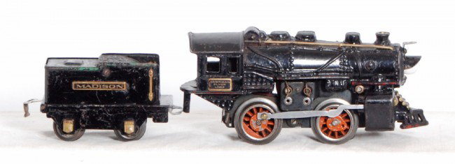 American Flyer C.I. steam loco, Madison tender: Prewar American Flyer O gauge cast iron electric steam loco with a Madison tinplate four wheel tender with weighted coal pile. Loco wheels have casting fatigue and repro side rods? Trains look nicer C