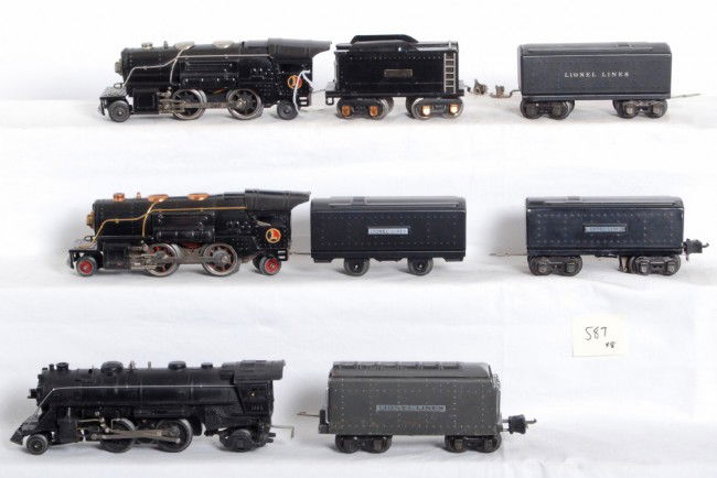 Lionel 1664, 259E (guage), 259 (gauge), five tende: Prewar Lionel O gauge steam locomotives and tenders. 1664, 259E with guage on plate, 259 with gauge on plate locos with, 2225T, 02689WX, 1689T, repainted four wheel tinplate (missing rear coupler), an