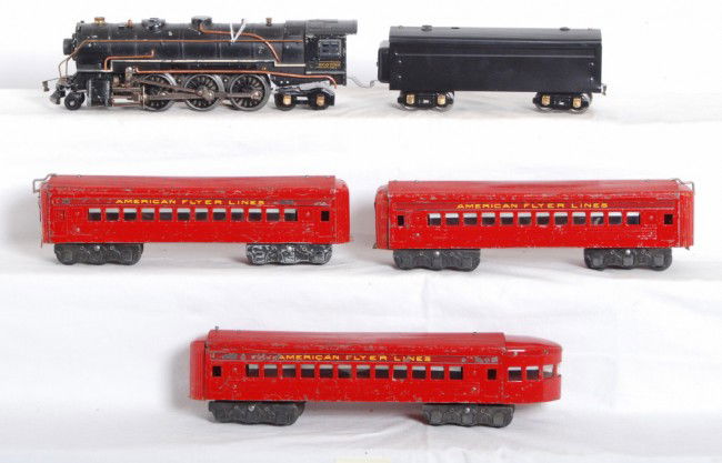 American Flyer O gauge steam passenger car: Prewar American Flyer O gauge 2-6-4 diecast electrical steam loco, repainted tender w/o whistle, two red passenger coaches, and a red observation. Trains are clean and shiny C5-6.