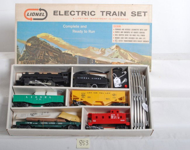 Lionel No. 11520 6 unit steam freight set in OB: Postwar Lionel O gauge No. 11520 6 unit steam freight set in original box, unrun C9-10. 242 steam loco with slope back plastic tender, 6142 canister car, 6176 LV hopper, 3362 lumber car, and 6059 M.St