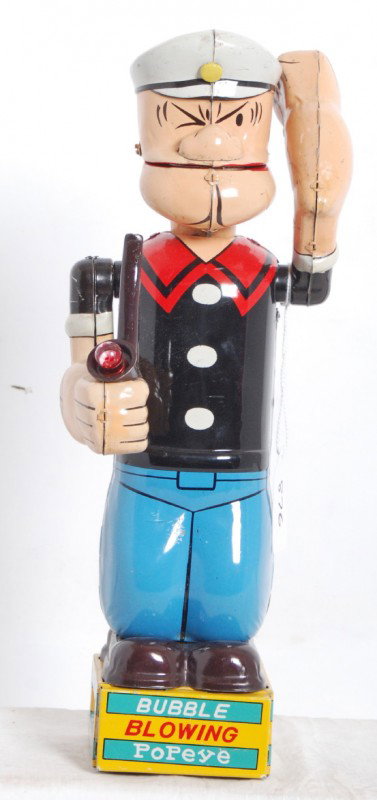 Linemar Bubble Blowing Popeye tin battery op.: Linemar Bubble Blowing Popeye battery operated tin toy. Clean battery compartment with clean and fully intact battery contacts. Tin is clean and rust free. Popeye looks to be complete, C6-7.