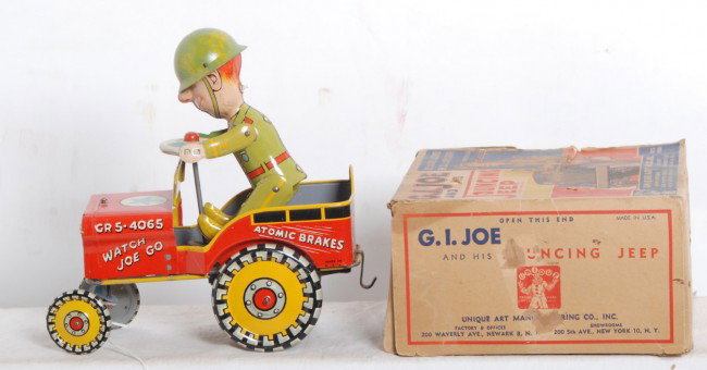 Unique Art G.I. Joe and his jouncing Jeep in OB: Unique Art G.I. Joe and his jouncing Jeep in partial OB. Toy looks C8-9. Box shows wear and missing flaps. Mechanism winds and functions properly.