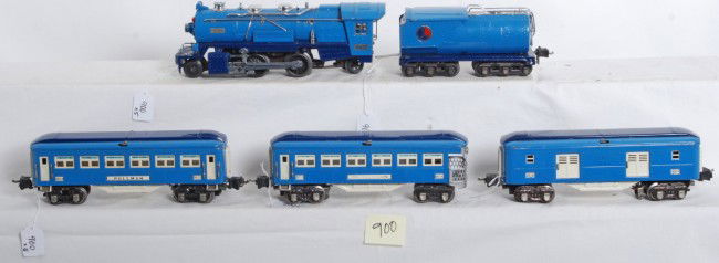 Lionel O gauge Blue Comet set 263E, 2263W...: Nice prewar Lionel O gauge Blue Comet passenger train with No. 263E steam locomotive and 2263W tender w/whistle, 2613 Pullman, 2614 observation car, and 2615 baggage car. Trains look nicer clean and s