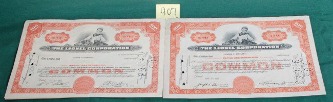 Two Lionel Corp. 100 Shares stock certificates: Two Lionel Corporation 100 shares stock certificates. APR 26 1960 issued to George E Sokolsky, and MAY 10 1962 issued to Martin B Steinthal.