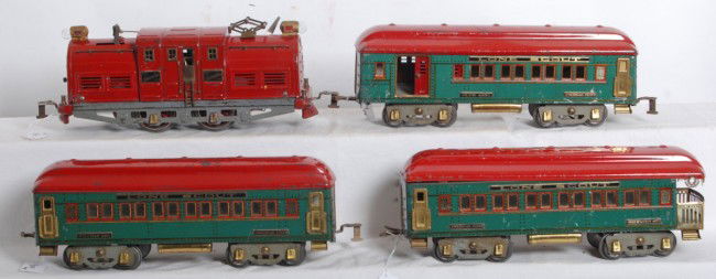American Flyer wide gauge Lone Scout set: Prewar American Flyer wide/standard gauge Lone Scout set with unnumbered center cab electric loco with 4250 club car, 4251 Pullman coach, and 4252 observation car. Trains look C6, loco has some very s